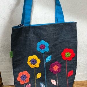 Handmade Floral Embroidered Denim Tote Bag